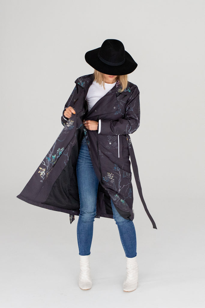 Scribbler Botany Luxe trench coat, trench style rain coat, rain jacket, floral trench coat, waterproof, longer length coat, rainwear, New Zealand designer, floral trench, dark brown coat, winter coat, japanese branches, plus size coat, curvy fashion, waterproof jacket, hooded raincoat, lightweight rain jacket, rain gear, outdoor clothing, breathable rain jacket, windproof jacket, rainwear