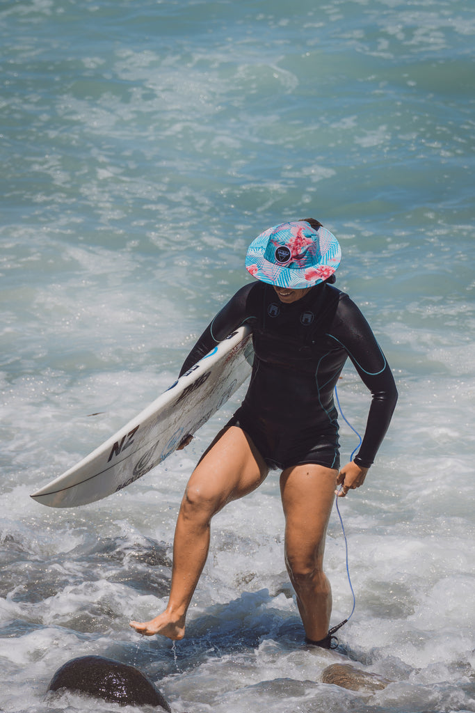 Surf hat for women, floral sun hat, water sports hat for ladies, colourful sports cap, Scribbler hat, surfing, kayaking, head wear, SUP, body boarding, sailing, fishing, sun protection, slap on a hat, sun smart, sun safe, New Zealand, kiwi, NZ, Paige Hareb