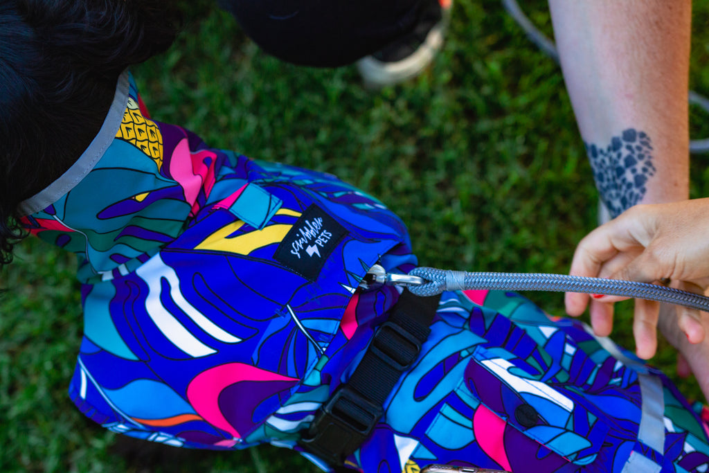 Scribbler pets, waterproof raincoat for dogs, rain jacket for dog, outerwear for dogs, waterproof, seam sealed, recycled plastic, jungle print, unisex, printed rainwear for pets, lightweight, harness access, collar access, light attachment, sustainable
